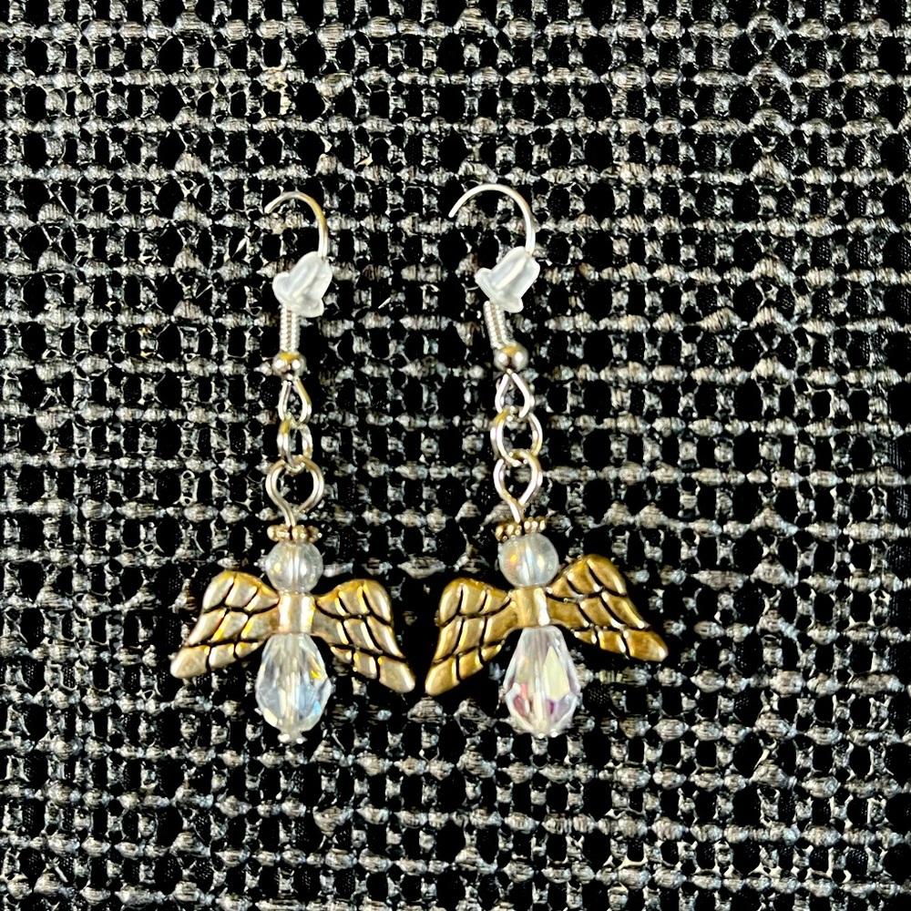 PIERCED EARRINGS; cleared angels with silver wings